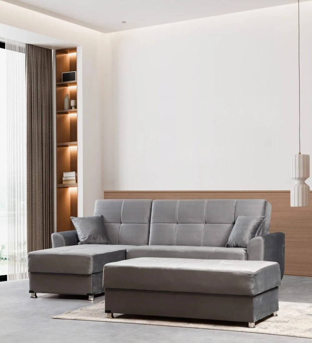 Ecksofa Stella mit Pouf – Grau