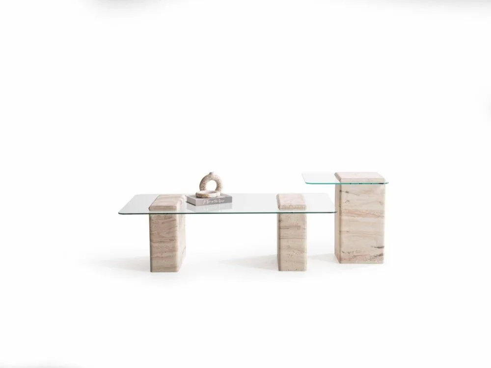 Wohnzimmertisch Set Duo Gehärtetes Glas + Travertin Stein – Bild 2