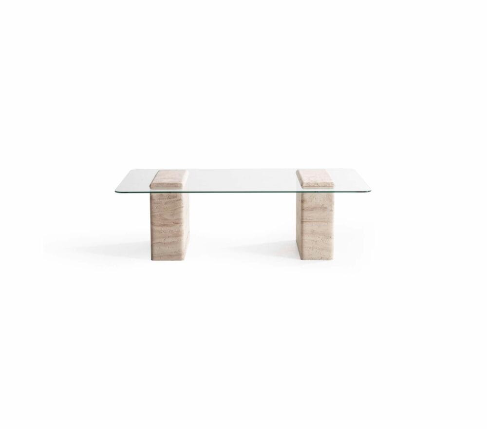 Wohnzimmertisch Set Duo Gehärtetes Glas + Travertin Stein – Bild 4