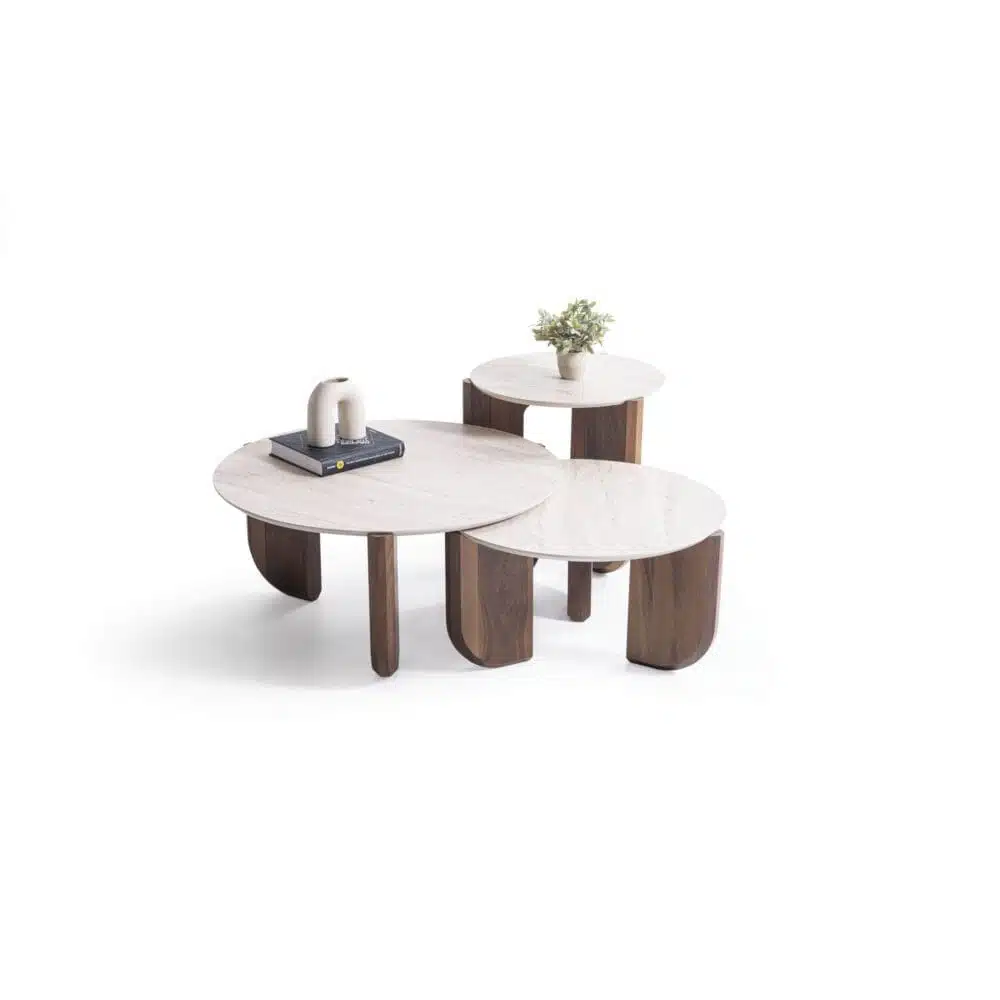 Wohnzimmertisch Set Trio Travertin mit Holzbeinen