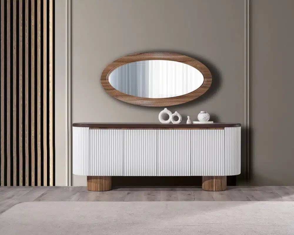 Hohe Kommode Milano Weiß-Braun mit Spiegel