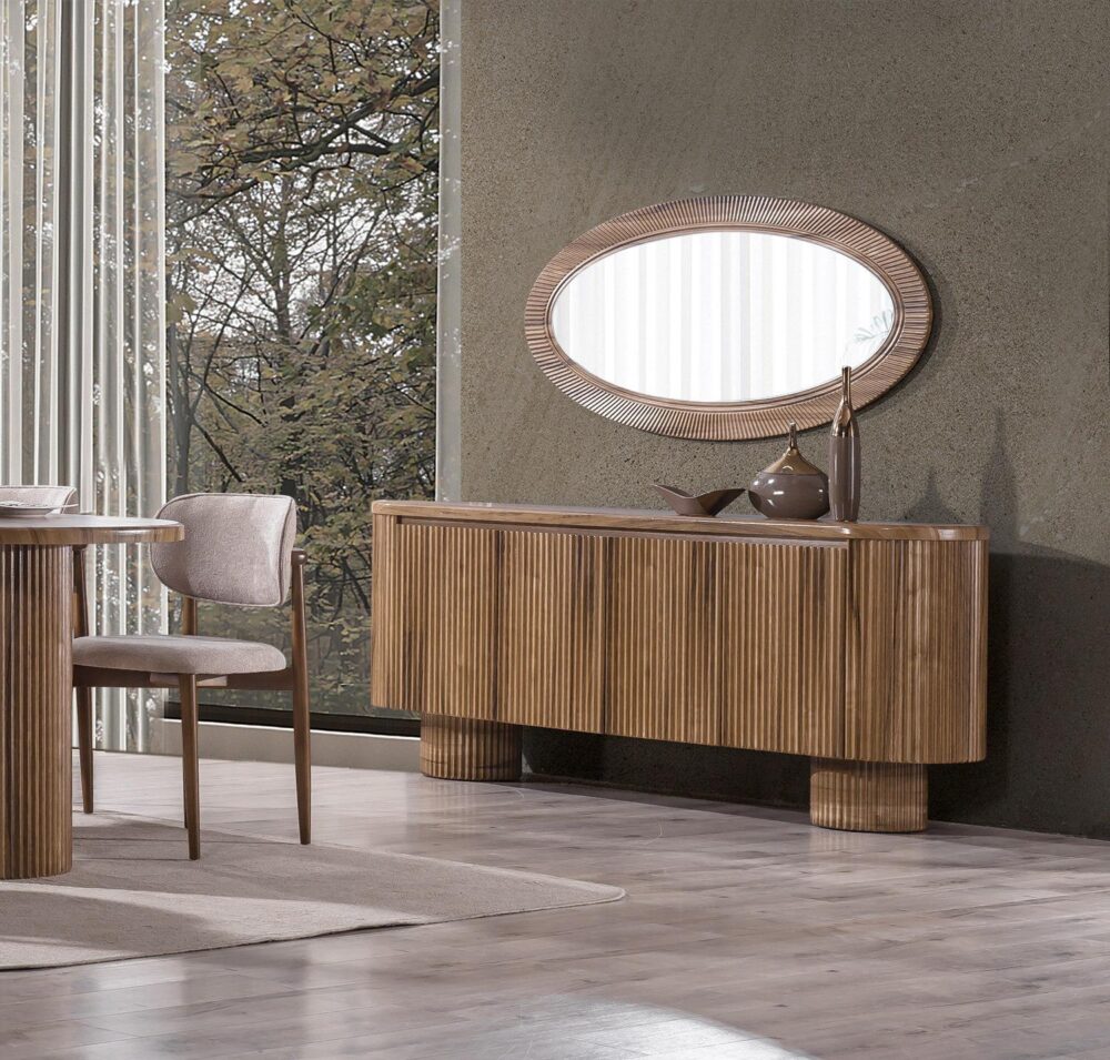 Hohe Kommode Milano Holzoptik mit Spiegel