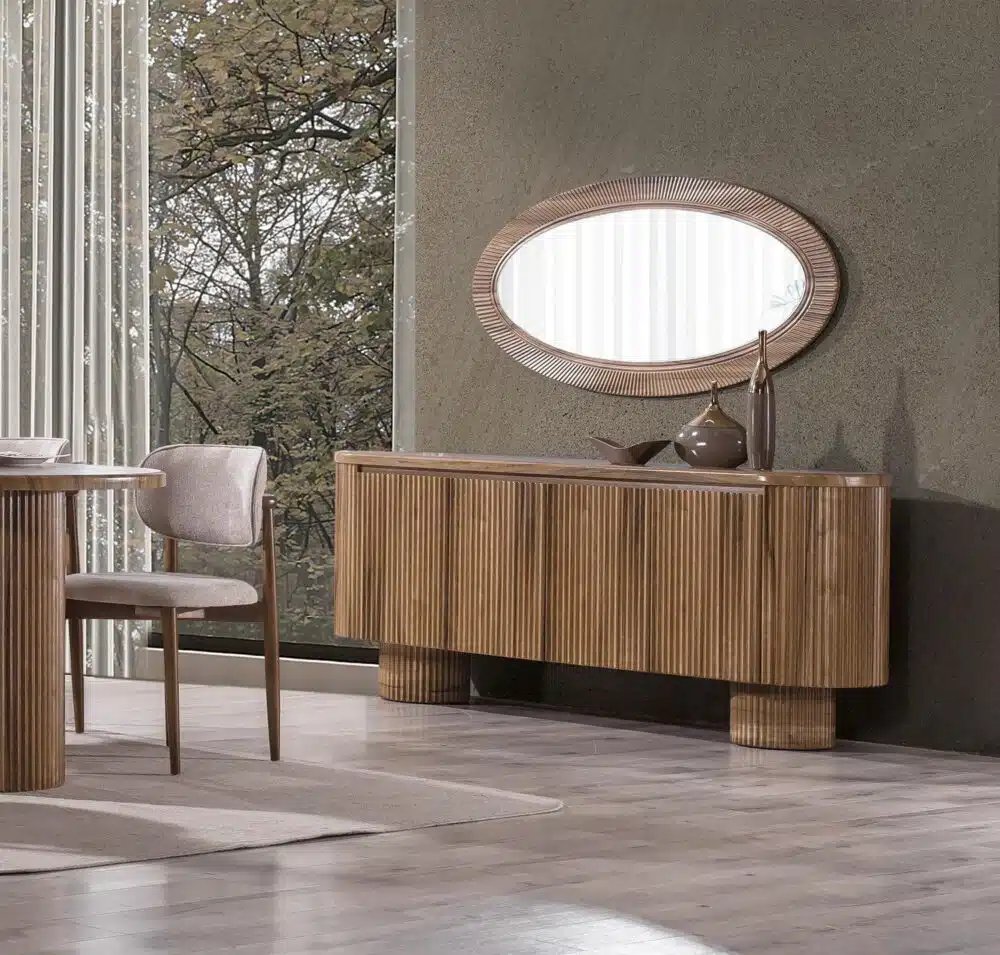 Hohe Kommode Milano Holzoptik mit Spiegel